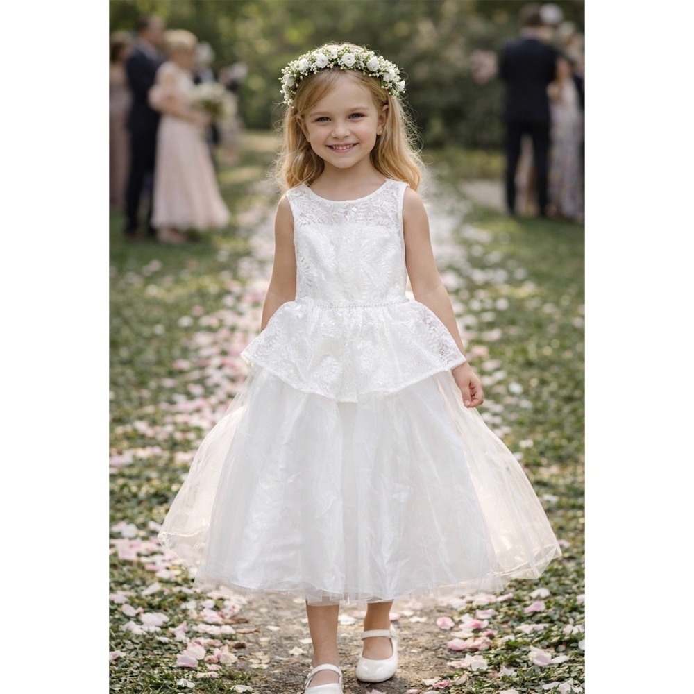 SugarPlum‎ Dress Girls Size 8 Ivory Lace Tulle Midi Bow Flower Girl Formal flaws